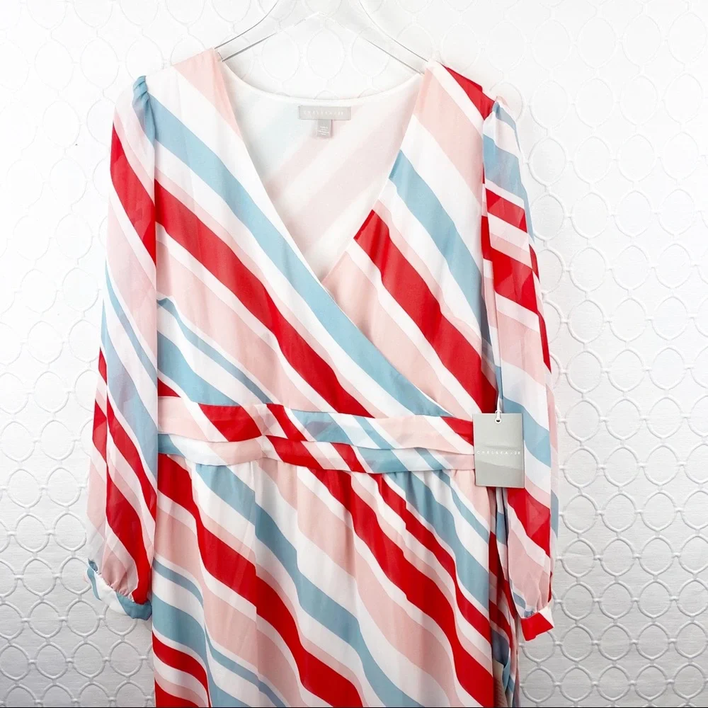 NWT Chelsea28 Wrap MIDI Dress Ruffle Striped Red Pink Faux Large - Picture 4 of 10